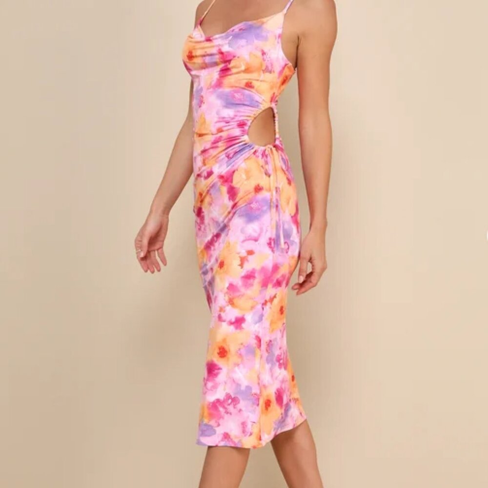 Vibrant Babe Pink Multi Floral Cutout Drawstring Midi Dress